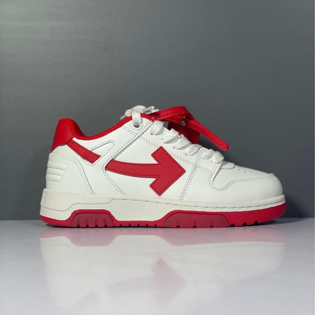 White and red off-white arrow daddy sneakers featuring a bold arrow logo on the side in 2023 trend style