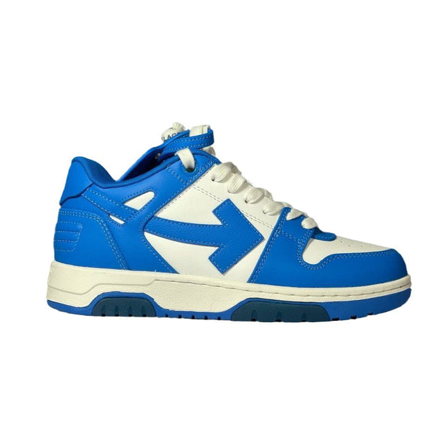 Vibrant blue and white off-white arrow daddy sneakers featuring a bold arrow logo on high-top design