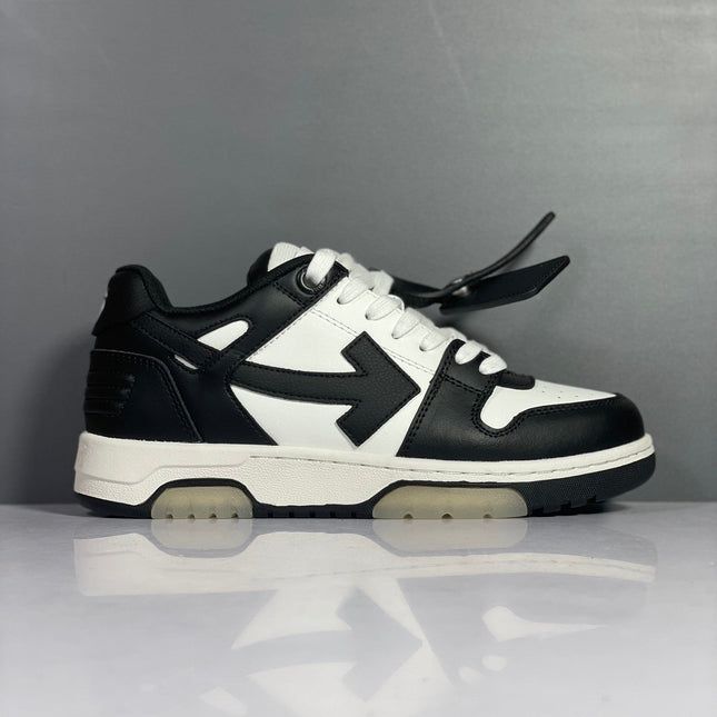 Black and white off-white arrow daddy sneakers with bold arrow logo made of leather and rubber materials