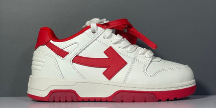 Off-white arrow daddy sneakers in white and red off-white with a bold arrow logo on the side for 2023 trends