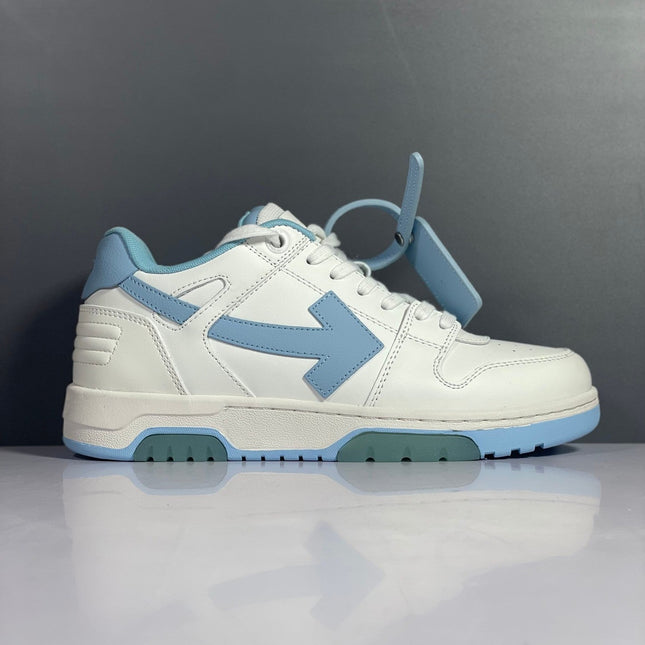 White and light blue off-white arrow daddy sneakers featuring a prominent arrow logo on the side in 2023 trend style