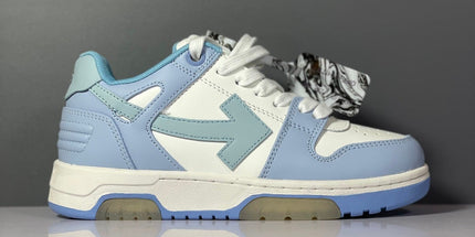 Light blue and white off-white arrow daddy sneakers with bold arrow logo on side 2023 trend design