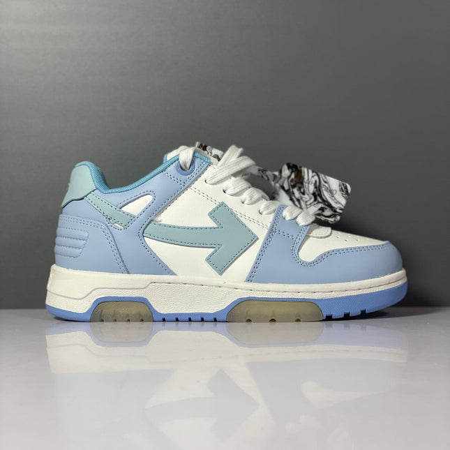 Light blue and white off-white arrow daddy sneakers with bold arrow logo on side 2023 trend design