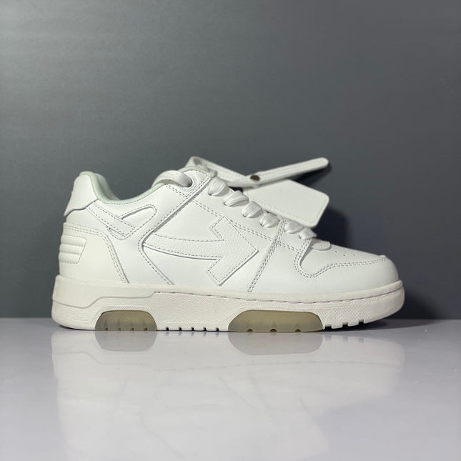 White leather off-white arrow daddy sneakers with bold black arrow logo and translucent beige rubber soles