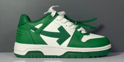 Green and white off-white arrow daddy sneakers with bold arrow design on the side for casual wear