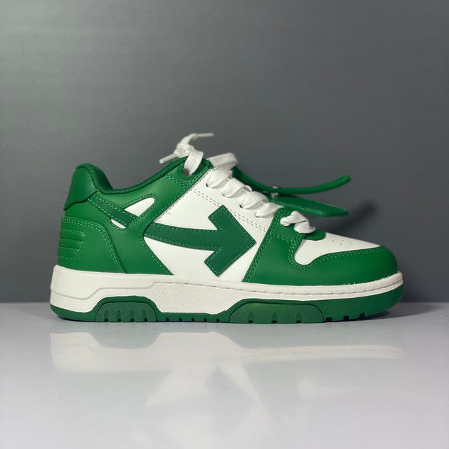 Green and white off-white arrow daddy sneakers with bold arrow design on the side for casual wear
