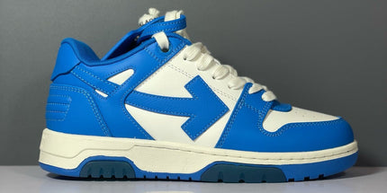 Blue and white off-white arrow daddy sneakers featuring a bold arrow logo on the side in 2023 design