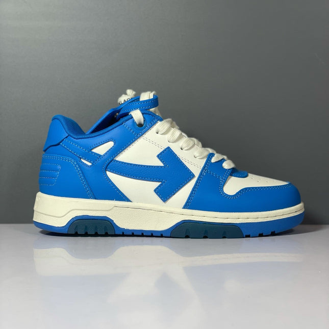 Blue and white off-white arrow daddy sneakers featuring a bold arrow logo on the side in 2023 design