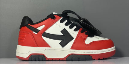 Red and white off-white arrow daddy sneakers with bold black arrow logo on the side in 2023 trend design
