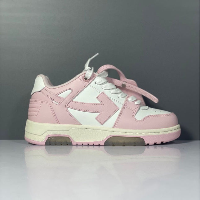 Pink and white off-white arrow daddy sneakers featuring a bold arrow logo on the side for stylish casual wear