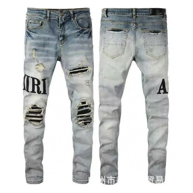 Punk Retro Blue Ripped Slim Stretch Men's Jeans