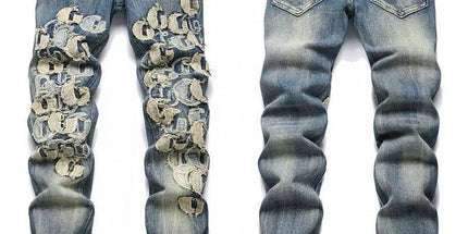 Punk Retro Blue Ripped Slim Stretch Men's Jeans