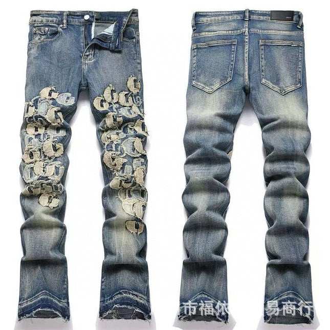 Punk Retro Blue Ripped Slim Stretch Men's Jeans