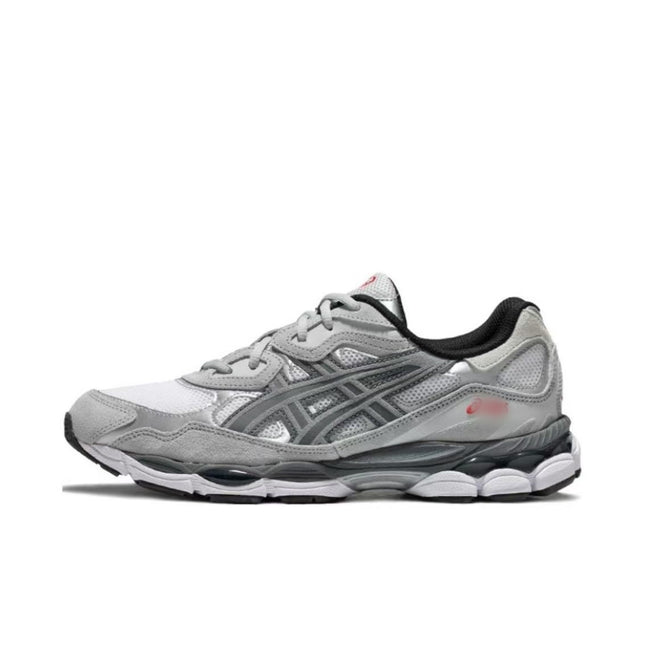 Gray and white running shoe with black accents, mesh panels, and a thick cushioned sole.