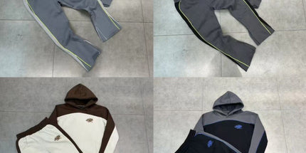 Four different color options of a hoodie and pants set on a tiled floor.