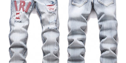 Punk Retro Blue Ripped Slim Stretch Men's Jeans