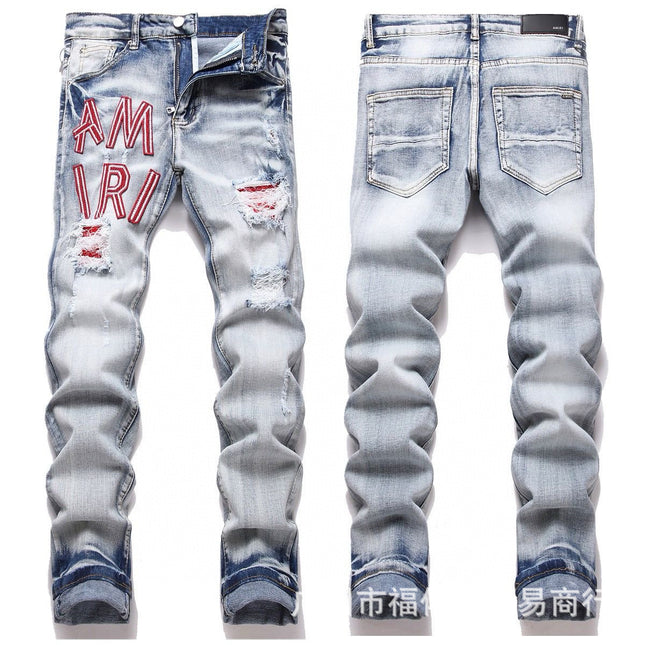 Punk Retro Blue Ripped Slim Stretch Men's Jeans