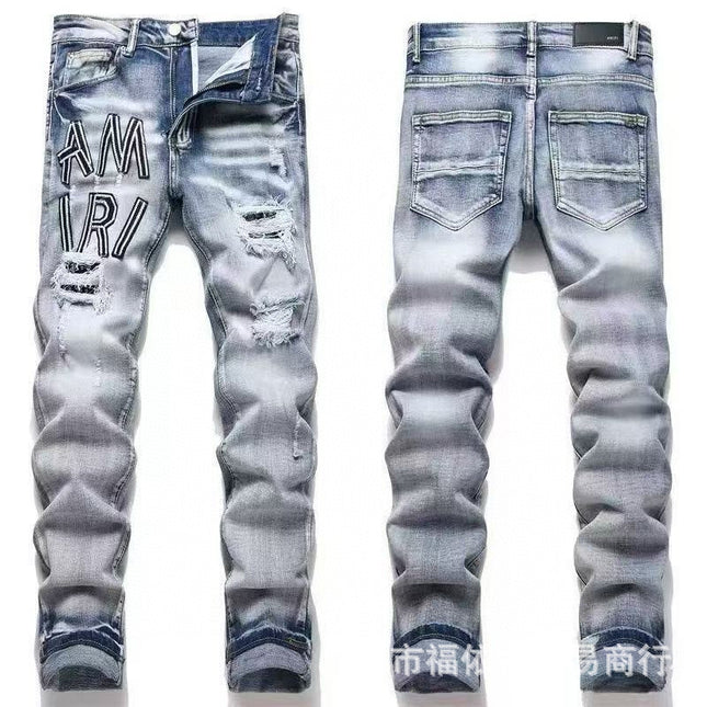 Punk Retro Blue Ripped Slim Stretch Men's Jeans