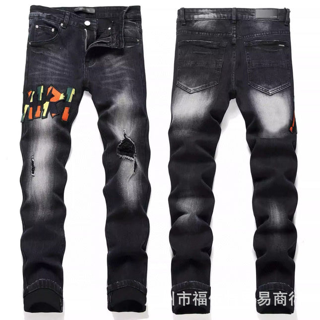 Punk Retro Blue Ripped Slim Stretch Men's Jeans