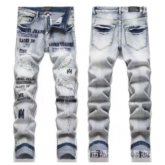 Punk Retro Blue Ripped Slim Stretch Men's Jeans