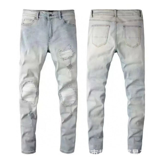 Punk Retro Blue Ripped Slim Stretch Men's Jeans