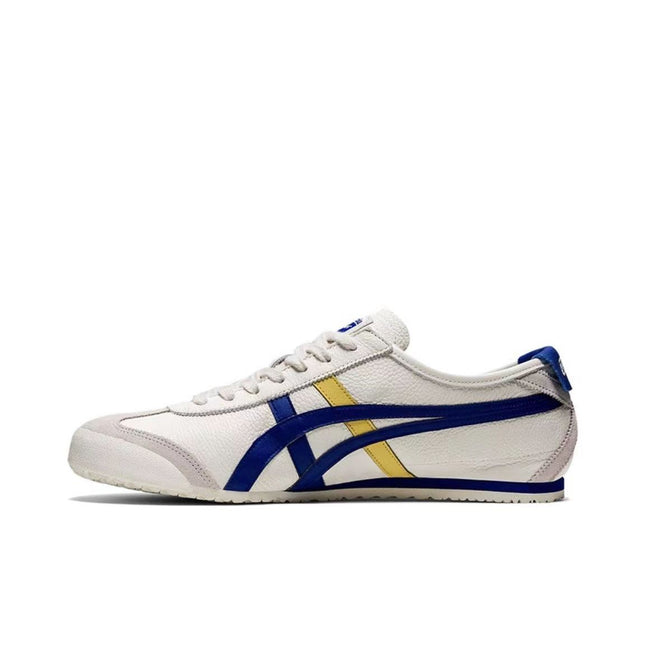 White sneaker with blue and yellow stripes, textured sole, and low-top design.
