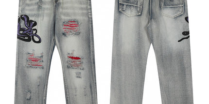 Punk Retro Blue Ripped Slim Stretch Men's Jeans