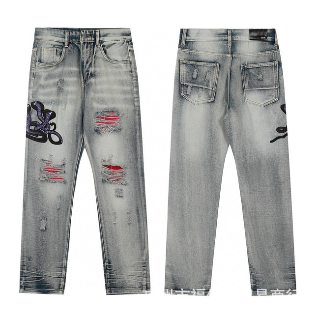 Punk Retro Blue Ripped Slim Stretch Men's Jeans