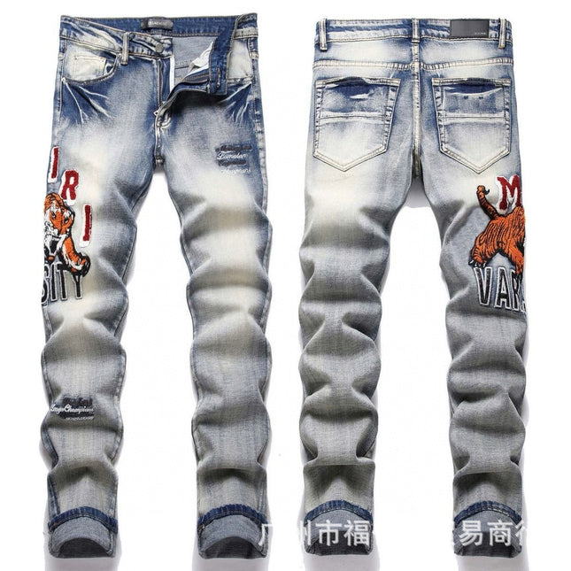 Punk Retro Blue Ripped Slim Stretch Men's Jeans