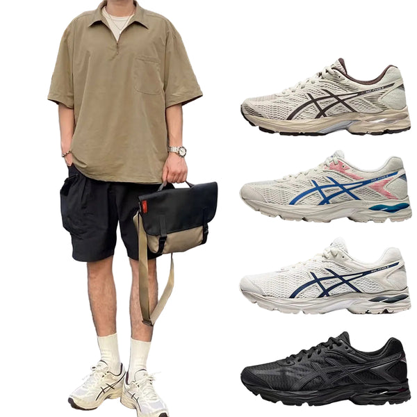 Person wearing a beige shirt and black shorts with a bag, standing on a street, next to images of Flux 4 running shoes.