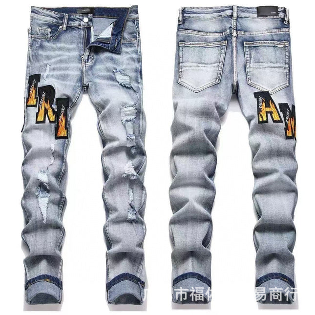 Punk Retro Blue Ripped Slim Stretch Men's Jeans