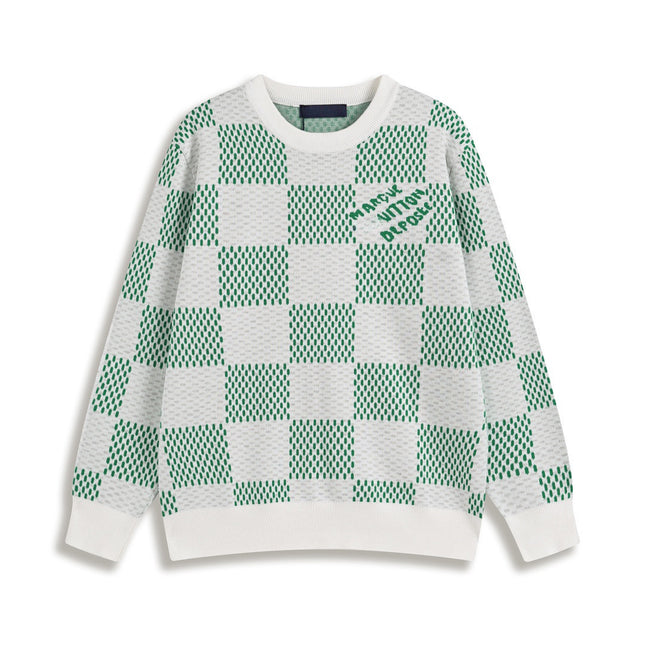 Correct version 25ss donkey family autumn and winter new four-leaf checkerboard letter logo jacquard wool knitwear sweater