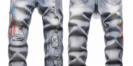 Punk Retro Blue Ripped Slim Stretch Men's Jeans