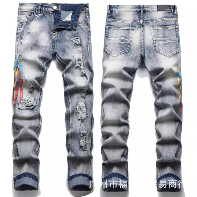 Punk Retro Blue Ripped Slim Stretch Men's Jeans