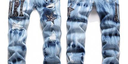 Punk Retro Blue Ripped Slim Stretch Men's Jeans