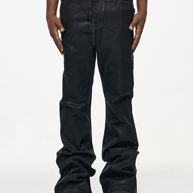 2025 High Street RO Style Coated Brushed Micro Flare Mopping Floor Jeans Men's Trendy Brand Loose Micro Elastic Waxed Pants