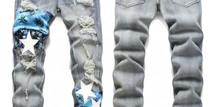 Punk Retro Blue Ripped Slim Stretch Men's Jeans