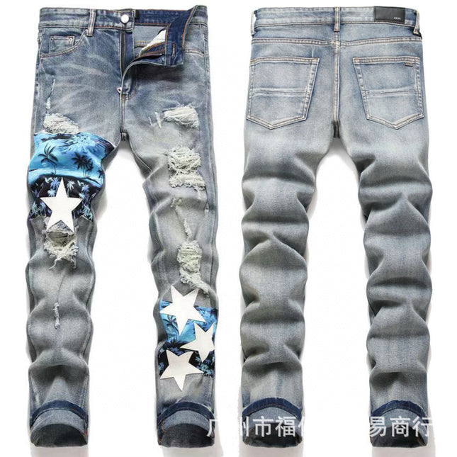 Punk Retro Blue Ripped Slim Stretch Men's Jeans
