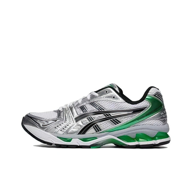 Silver and green athletic shoe with black accents, featuring a wavy sole and mesh upper.