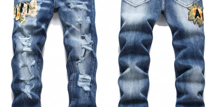 Punk Retro Blue Ripped Slim Stretch Men's Jeans