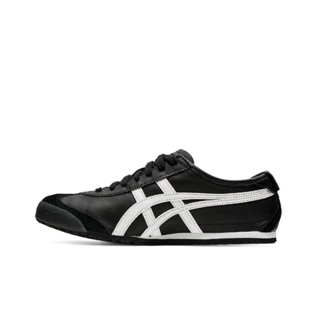 Black sneaker with white stripes and black laces on a white background.