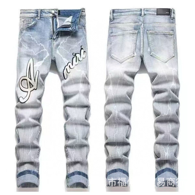 Punk Retro Blue Ripped Slim Stretch Men's Jeans
