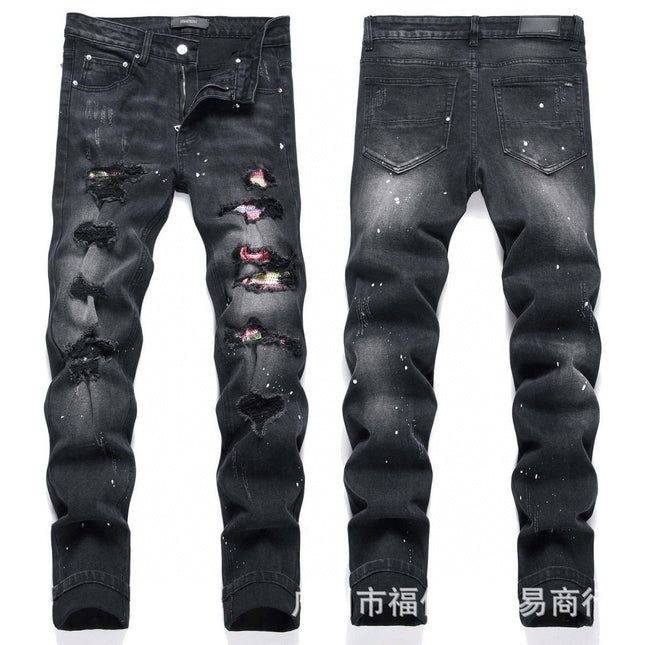 Punk Retro Blue Ripped Slim Stretch Men's Jeans