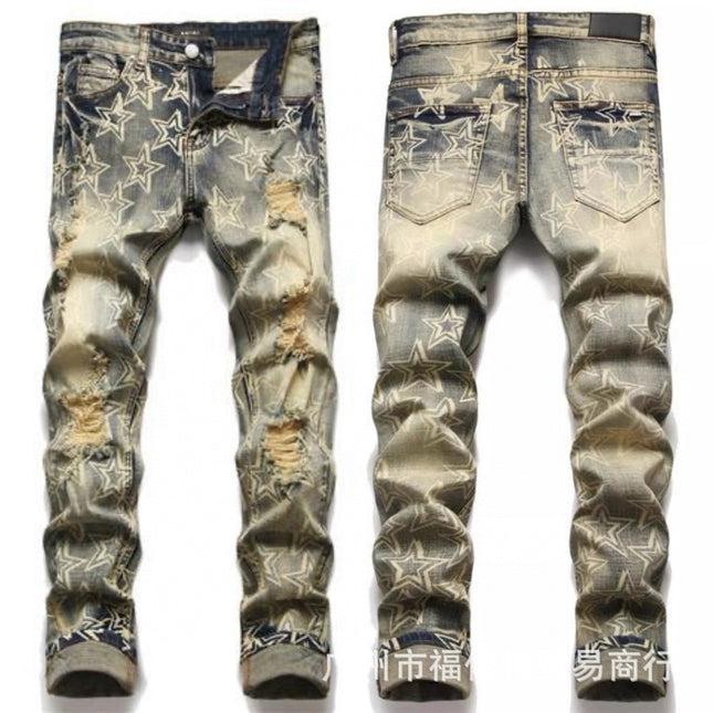 Punk Retro Blue Ripped Slim Stretch Men's Jeans