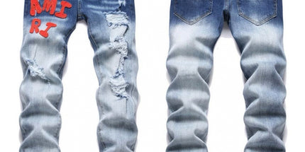 Punk Retro Blue Ripped Slim Stretch Men's Jeans