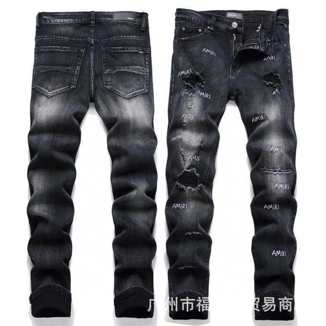 Punk Retro Blue Ripped Slim Stretch Men's Jeans
