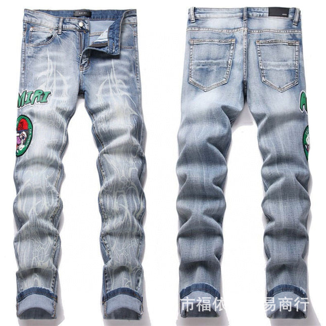 Punk Retro Blue Ripped Slim Stretch Men's Jeans
