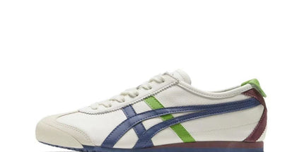 White sneaker with blue and green stripes, brown heel, and green heel tab.