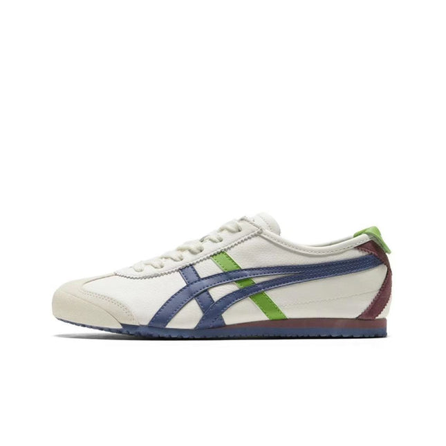 White sneaker with blue and green stripes, brown heel, and green heel tab.