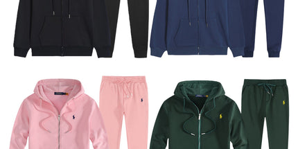 Four sets of Polo Ralph Lauren hoodies and pants in black, blue, pink, and green on a white background.